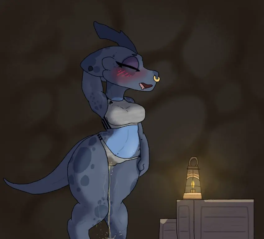 Image blush,clothing,female,open_mouth,solo,bra,underwear,thick_thighs,sports_bra,eyelashes,solo_focus,anthro,piercing,wet,closed_eyes,looking_pleasured,genital_fluids,bodily_fluids,kobold,peeing,ring_piercing,lamp,nose_piercing,nose_ring,facial_piercing,omorashi,lantern,sports_panties,wet_clothing,urine,wetting,wet_underwear,peeing_on_self,knock-kneed,squablodecomplash,urine_on_leg,urine_on_self