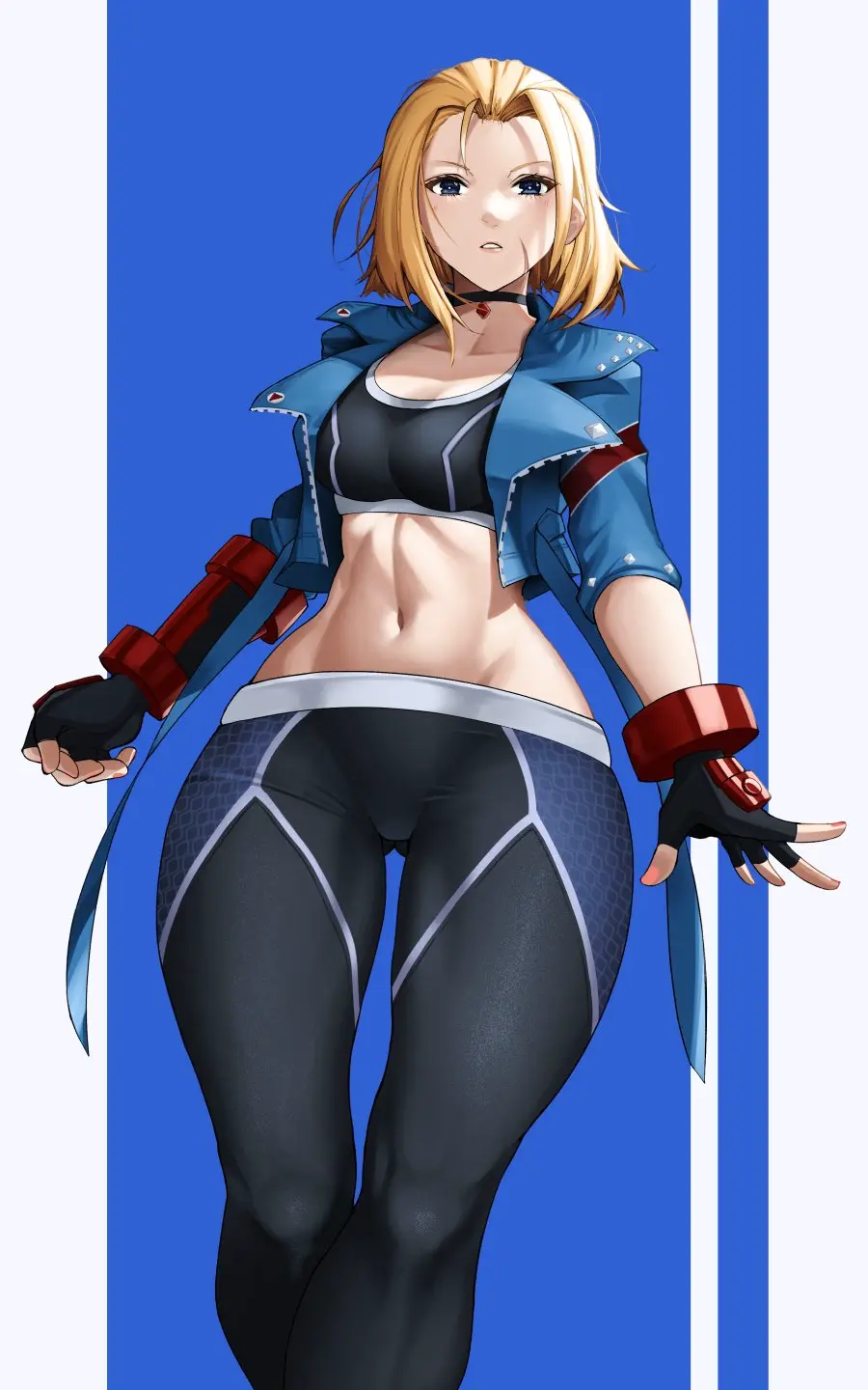 Image 1girls,big_breasts,breasts,female,female_only,looking_at_viewer,solo,blue_eyes,gloves,short_hair,choker,thick_thighs,wide_hips,sports_bra,sportswear,belly_button,thigh_gap,blonde_hair,slim_waist,scar,fully_clothed,open_jacket,leggings,street_fighter,bob_cut,street_fighter_6,cammy_white,luxpineapple