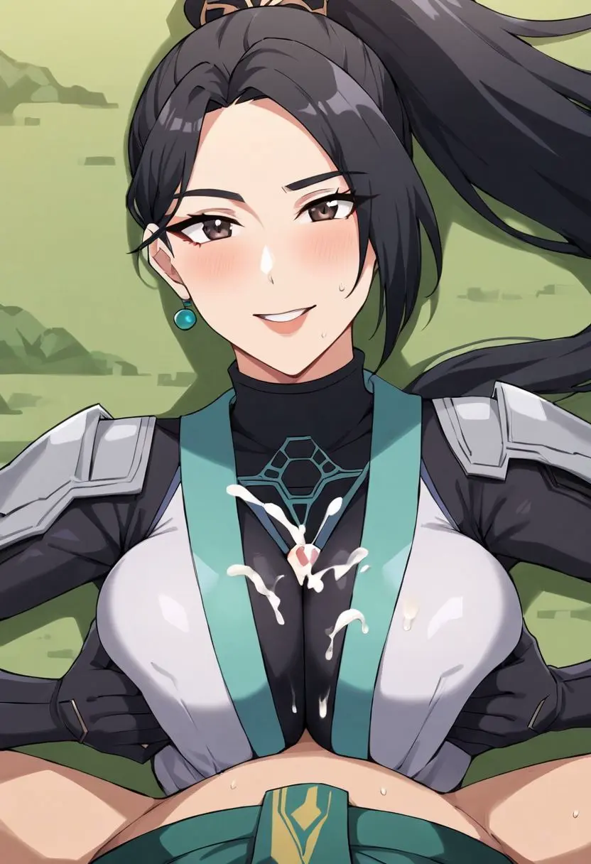 Image ai_generated,paizuri,squeezing_breast,laying_down,titjob,riot_games,laying_on_back,valorant,ling_ying_wei,sage_(valorant)