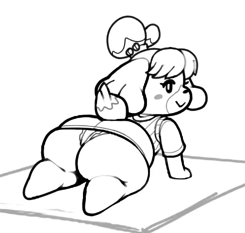 Image 1girls,female,simple_background,big_ass,big_butt,bottom_heavy,looking_back,thick_thighs,anthro,nintendo,canid,canine,animal_crossing,isabelle_(animal_crossing),big_hips,lowres,canid_humanoid,short_skirt,huge_hips,colorless,on_all_fours,blush_stickers,doodle,yoga_mat,visible_underwear,box_(hajimeyou654)