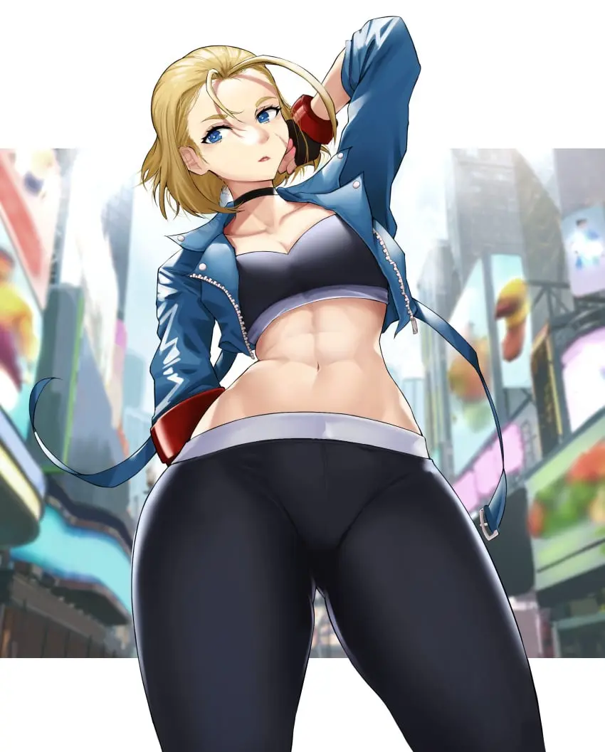 Image 1girls,breasts,female,female_only,solo,blue_eyes,choker,thick_thighs,wide_hips,sports_bra,sportswear,belly_button,blonde_hair,medium_breasts,slim_waist,scar,fully_clothed,open_jacket,leggings,street_fighter,street_fighter_6,cammy_white,six_pack,luxpineapple