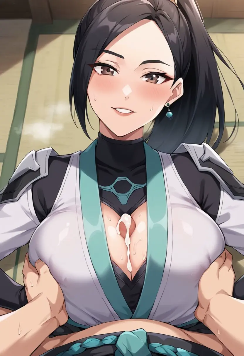 Image breasts,clothed,female,cum,ai_generated,paizuri,cum_on_breasts,laying_down,titjob,riot_games,laying_on_back,valorant,ling_ying_wei,sage_(valorant)
