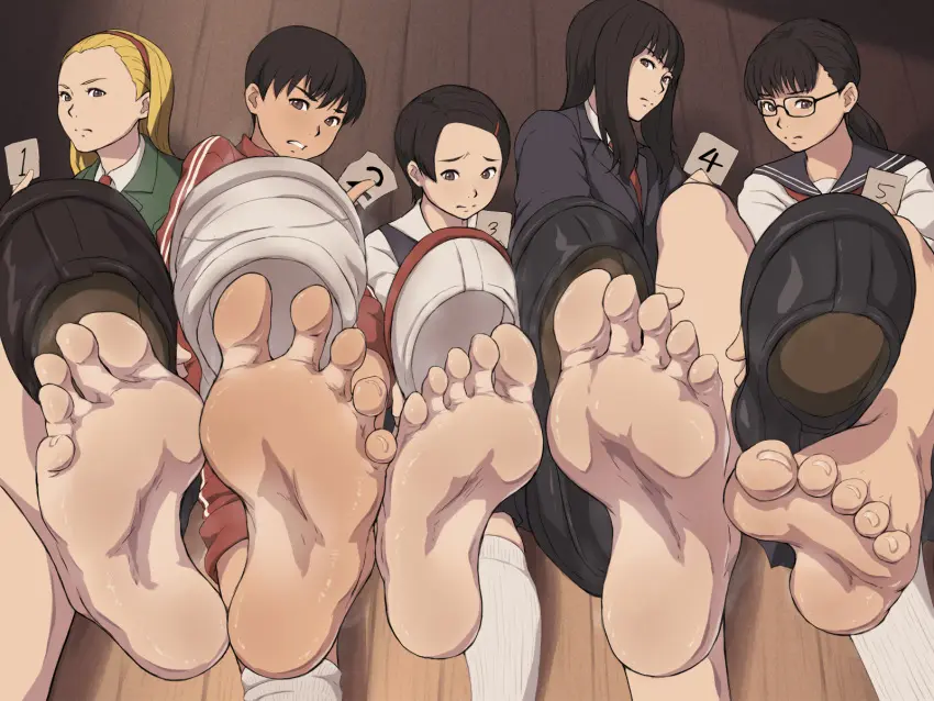 Image female,multiple_girls,feet,blonde_hair,foot_fetish,original,school_uniform,from_below,shoes,5girls