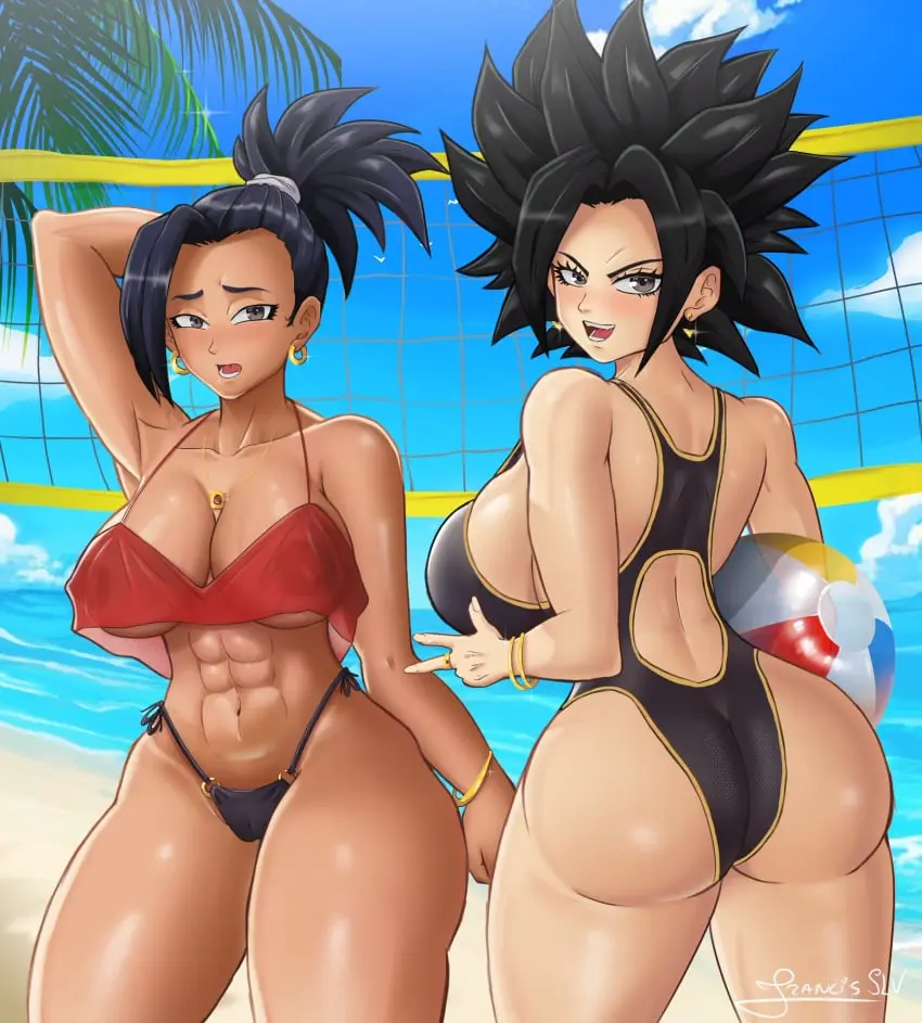 Image big_breasts,breasts,female,female_only,2girls,multiple_girls,ass,big_ass,big_butt,bubble_ass,thick_thighs,beach,thick_ass,thick_butt,swimsuit,dragon_ball,dragon_ball_super,saiyan,universe_6,caulifla,kale,universe_6/universe_7,volleyball,female_saiyan,francis_slv