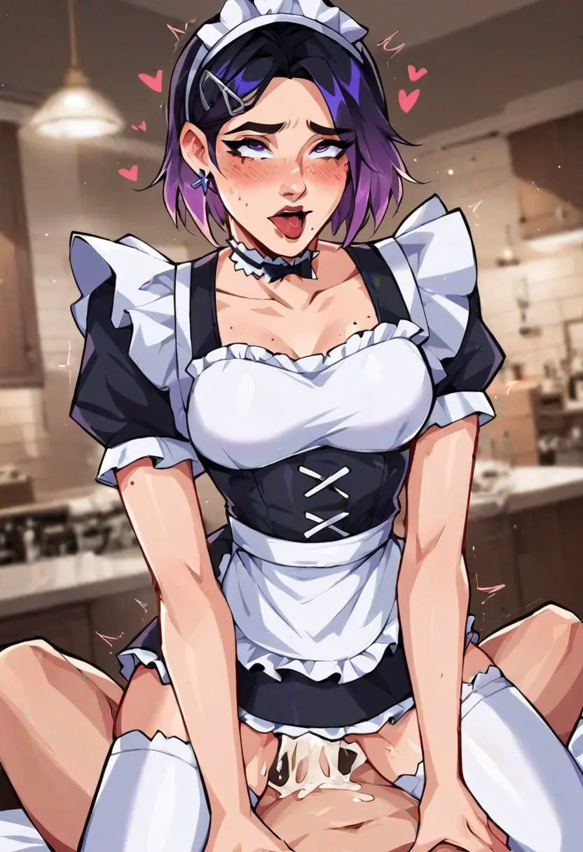 Image 1girls,blush,clothed,female,1boy,cum,male,short_hair,tongue_out,tongue,ai_generated,cowgirl_position,cleavage,cum_in_pussy,pov,maid,maid_outfit,ahegao,clothed_sex,valorant,clove_(valorant)