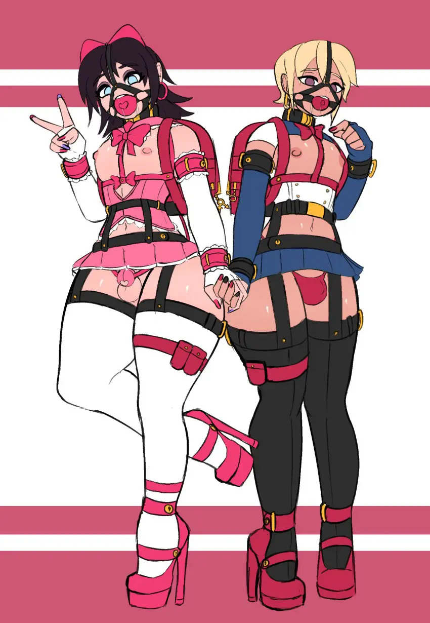 Image brown_eyes,looking_at_viewer,nipples,black_hair,blue_eyes,male,penis,short_hair,panties,thick_thighs,2boys,crossdressing,femboy,femboysub,male_only,sissy,drool,blonde_hair,original,stockings,school_uniform,small_penis,saliva,bulge,multiple_boys,collar,miniskirt,high_heels,platform_heels,chastity_cage,bondage,holding_hands,feminine_male,femboy_only,corset,painted_nails,bulge_through_clothing,ball_gag,gag,gagged,backpack,malesub,garter_straps,peace_sign,chastity,chastity_device,wrist_cuffs,harness_gag,ankle_cuffs,face_harness,lrks,lurkx,randoseru