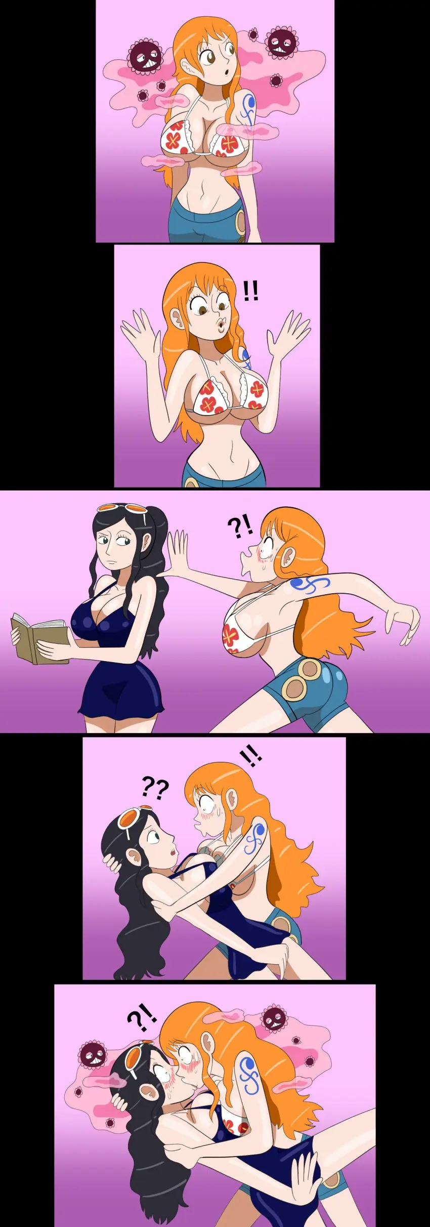 Image female,female_only,long_hair,2girls,black_hair,one_piece,blue_tattoo,nami_(one_piece),orange_hair,post-timeskip,tattoo,tattoo_on_arm,tattooed_arm,black_hair_female,yuri,arm_tattoo,hypnosis,nico_robin,forced_yuri,forced_kiss,orange_hair_female,body_control,forced_partners,surprise_kiss,disease,gongo_gongo,gongox2