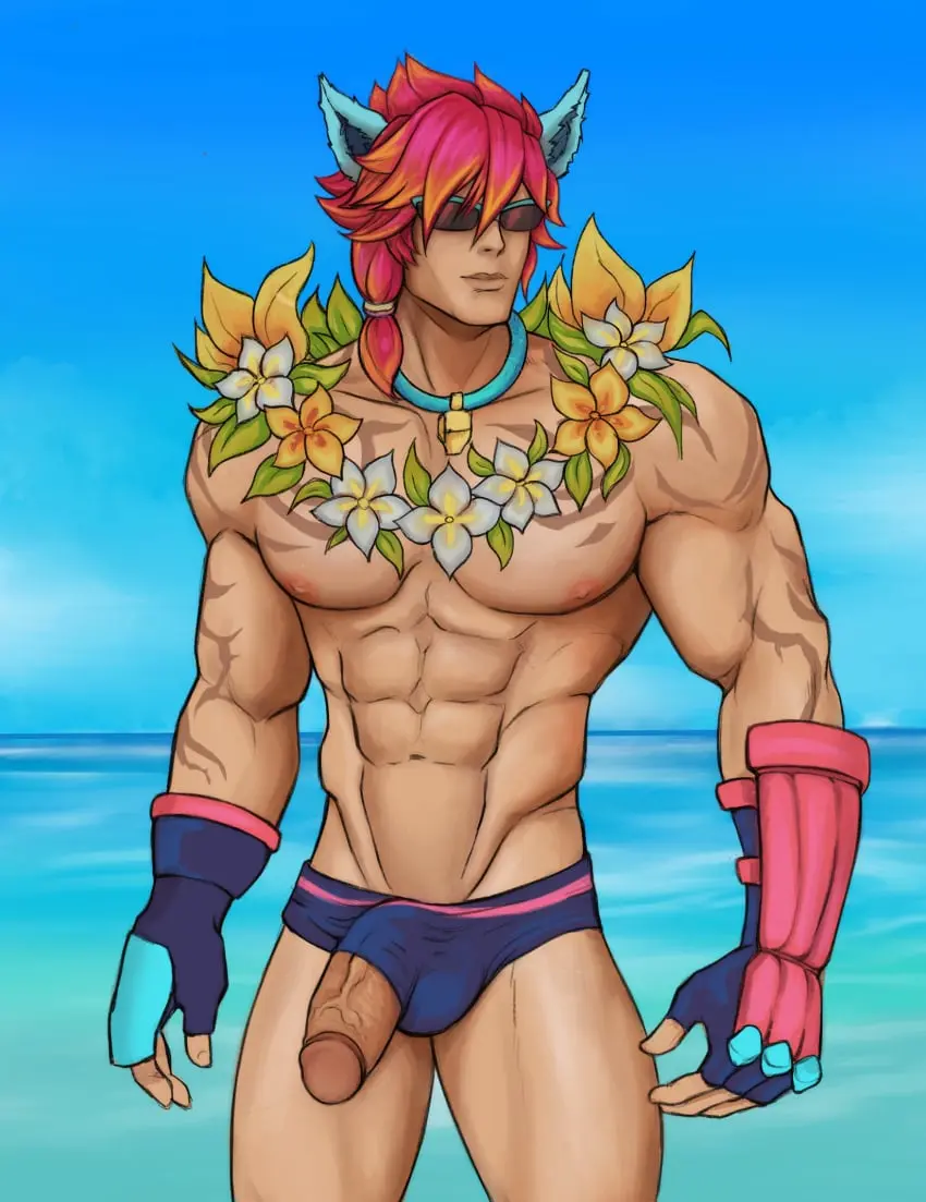 Image nipples,1boy,male,penis,red_hair,underwear,2021,big_penis,muscular,muscular_male,male_only,yaoi,bara,bulge,male_nipples,half-erect,league_of_legends,scar,riot_games,bulge_through_clothing,masculine_male,mature_male,sett,pool_party_series,spacebaddy,pool_party_sett