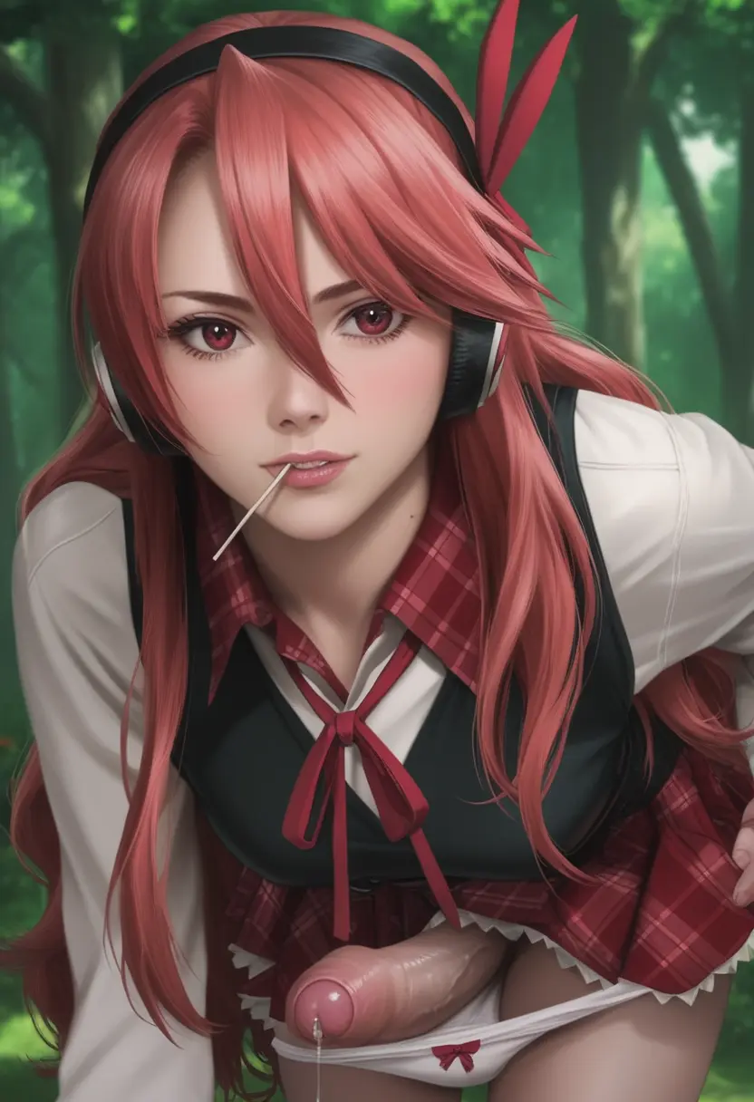 Image bow,breasts,large_breasts,long_hair,long_sleeves,looking_at_viewer,red_eyes,shirt,solo,penis,red_hair,panties,1futa,erection,futanari,headphones,intersex,veins,ai_generated,veiny_penis,lips,mole,futa_only,bow_panties,hair_between_eyes,mouth_hold,outdoors,skirt,precum,white_panties,pleated_skirt,panties_down,leaning_forward,forest,panty_pull,nature,vest,food,babski326,red_skirt,red_bow,candy,akame_ga_kill!,lollipop,plaid,plaid_skirt,chelsea_(akame_ga_kill!)