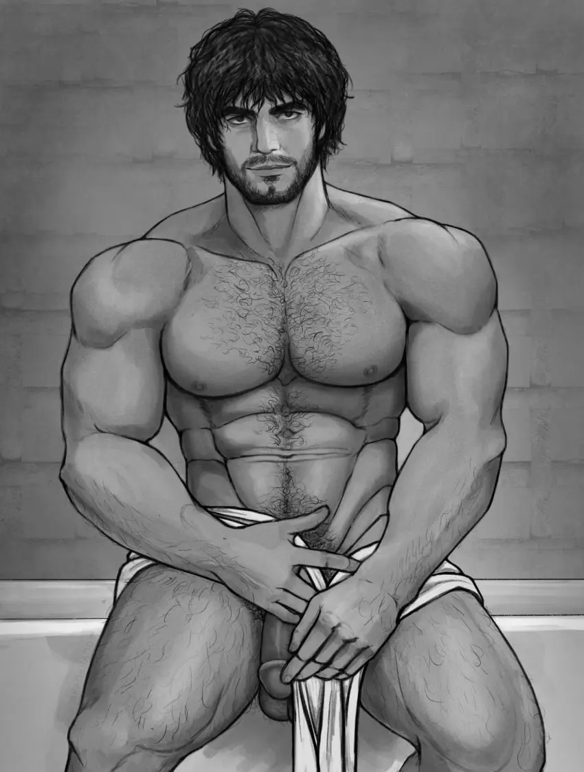 Image looking_at_viewer,nipples,1boy,male,nude,penis,2021,big_penis,muscular,muscular_male,male_only,yaoi,balls,completely_nude,pubic_hair,bara,male_nipples,monochrome,big_balls,completely_nude_male,male_pubic_hair,beard,daddy,capcom,hairy_chest,masculine_male,mature_male,resident_evil,resident_evil_3,resident_evil_3_remake,carlos_oliveira,spacebaddy