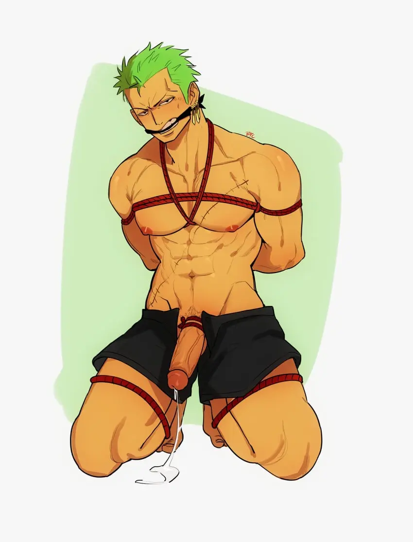 Image blush,highres,looking_at_viewer,nipples,solo,1boy,male,navel,penis,short_hair,uncensored,kneeling,one_piece,muscular,male_only,yaoi,bara,green_hair,precum,shorts,bondage,precum_drip,male_focus,abs,scar,full_body,pectorals,toned,gag,gagged,pubic_stubble,arms_behind_back,rope,short_shorts,toned_male,scar_across_eye,red_rope,roronoa_zoro,v-taper,bluefriedchick,crotch_bondage