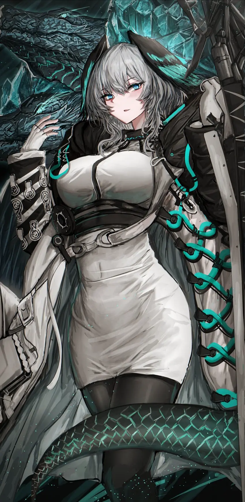 Image big_breasts,breasts,female,grey_hair,long_hair,looking_at_viewer,white_hair,blue_eyes,thick_thighs,wide_hips,arknights,stockings,teenager,skirt,slim_waist,tight_clothing,tight_fit,silver_hair,ho'olheyak_(arknights),vloodozer