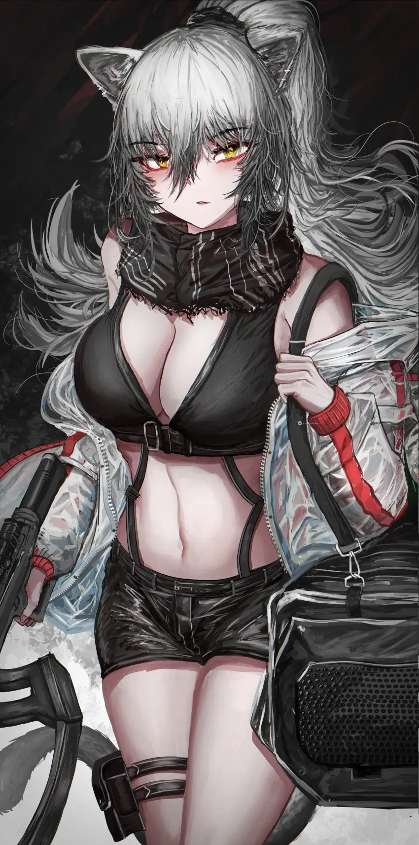 Image big_breasts,breasts,female,grey_hair,looking_at_viewer,white_hair,orange_eyes,wide_hips,arknights,bare_thighs,belly_button,slim_waist,shorts,furry_ears,scarf,silver_hair,open_jacket,schwarz_(arknights),vloodozer