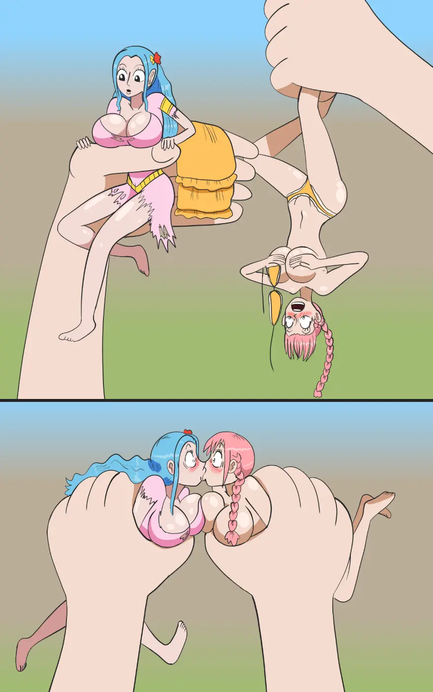 Image female,female_only,blue_hair,one_piece,pink_hair,dress,yuri,topless_female,torn_clothes,giantess,mermaid,covering_breasts,shirahoshi,nefertari_vivi,forced_yuri,minigirl,forced_kiss,blue_hair_female,pink_hair_female,mermaid_girl,rebecca_(one_piece),forced_partners,merfolk,gongo_gongo,gongox2,damsels_in_distress,shrunken_women