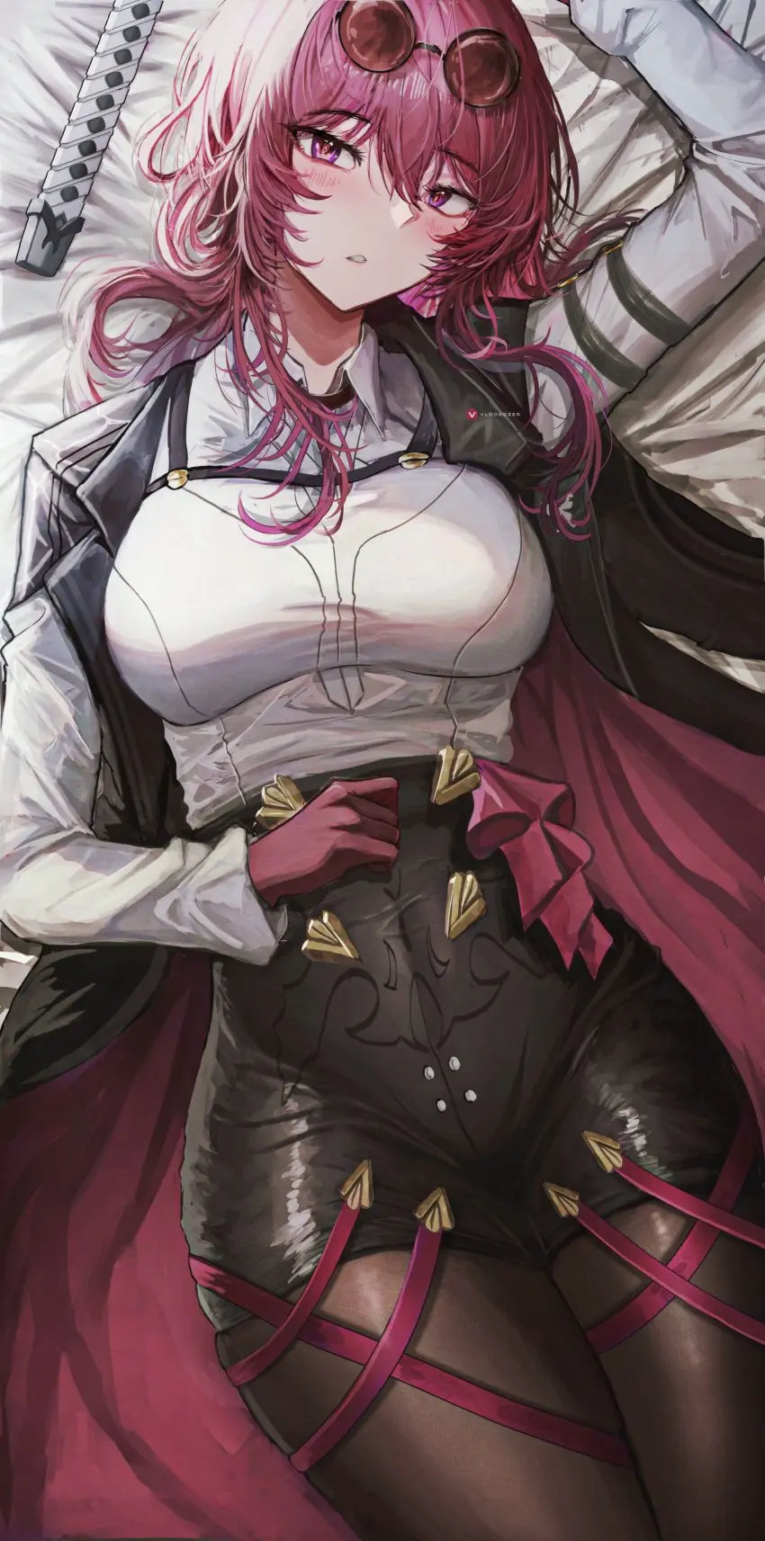 Image big_breasts,blush,breasts,female,long_hair,looking_at_viewer,gloves,lying,milf,wide_hips,sunglasses_on_head,tied_hair,stockings,purple_hair,slim_waist,tight_clothing,shorts,sunglasses,hoyoverse,honkai:_star_rail,kafka_(honkai:_star_rail),lying_on_back,vloodozer