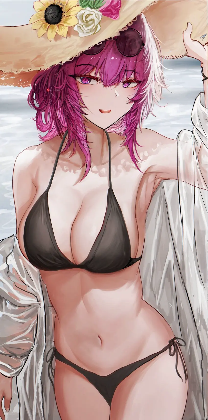 Image big_breasts,breasts,female,long_hair,looking_at_viewer,open_clothes,bikini,hat,wide_hips,beach,belly_button,sunglasses_on_head,purple_hair,slim_waist,sunglasses,older_female,hoyoverse,honkai:_star_rail,kafka_(honkai:_star_rail),seaside,vloodozer