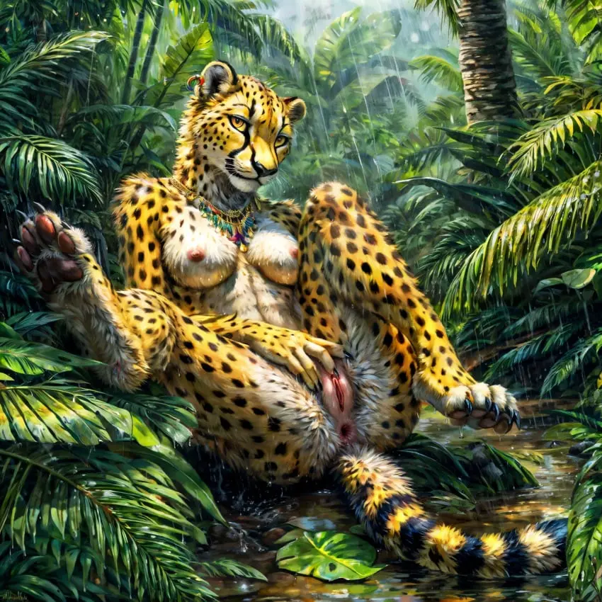 Image breasts,female,hi_res,nipples,solo,pussy,colored,ai_generated,anthro,anus,presenting,fur,genitals,mammal,yellow_body,yellow_fur,feline,white_body,tree,forest,nature,nature_background,plant,felid,spots,spotted_body,spotted_fur,cheetah,jungle,countershading,ai_hands,white_countershading,black_spots,attempted_signature,raining,rainforest