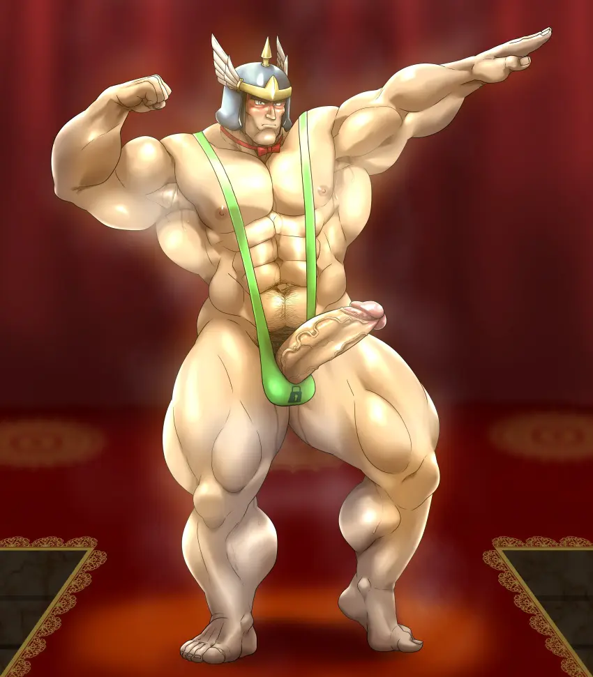 Image solo,male,penis,sweat,erection,muscular,armpits,male_only,yaoi,balls,bara,sweating,solo_male,boner,muscles,musk,armpit,flexing,dragon_quest,banana_hammock,green_mankini,mankini,hitenmaru,amos,dragon_quest_vi