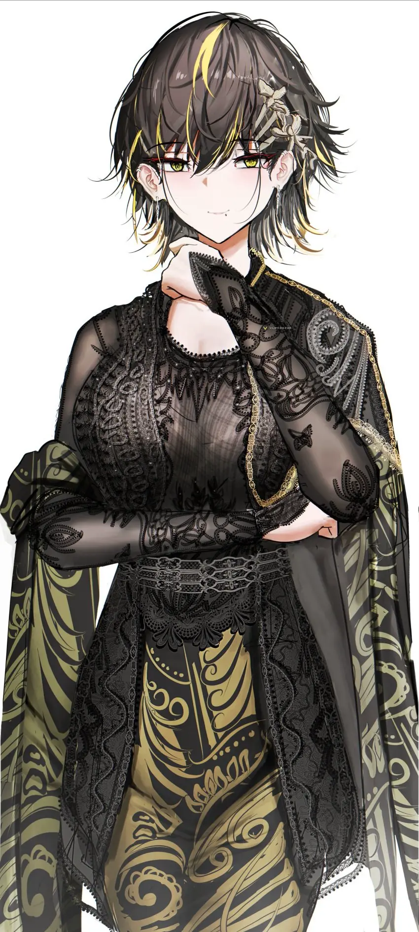 Image big_breasts,breasts,female,hair_ornament,long_sleeves,looking_at_viewer,black_hair,short_hair,yellow_eyes,earrings,two_tone_hair,wide_hips,orange_hair,dress,original,original_character,teenager,slim_waist,tight_clothing,oc,yellow_hair,crossed_arms,tight_fit,febri_aryani_(vloodozer),indonesia,indonesian,vloodozer,batik