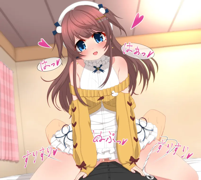 Image blush,breasts,female,hair_ornament,head_tilt,highres,long_hair,looking_at_viewer,shirt,smile,1boy,blue_eyes,male,penis,sidelocks,straight,panties,underwear,hat,sex,small_breasts,cowgirl_position,solo_focus,hairclip,dress,vaginal_penetration,censored,mosaic_censoring,indoors,pov,white_dress,straddling,curtains,closed_mouth,off_shoulder,feet_out_of_frame,heart,assertive_female,sweater,femdom,beret,clothed_sex,eyepatch,black_shirt,two_side_up,panties_around_one_leg,pov_crotch,white_hat,variant_set,frills,pom_pom_(clothes),pom_pom_hair_ornament,cropped_sweater,mahjong_soul,medium_bangs,frilled_dress,yellow_sweater,fujigaya_arctia,off-shoulder_sweater,shinomiya_fuyumi