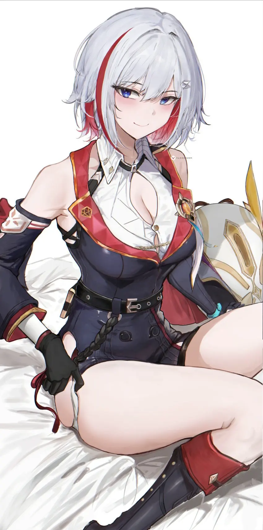 Image 1girls,big_breasts,blush,breasts,female,looking_at_viewer,smile,white_hair,blue_eyes,gloves,red_hair,thick_thighs,thighs,two_tone_hair,wide_hips,smiling_at_viewer,sitting,slim_waist,tight_clothing,sleeveless,sleeveless_shirt,shorts,boots,tight_fit,hoyoverse,bob_cut,honkai:_star_rail,topaz_(honkai:_star_rail),vloodozer