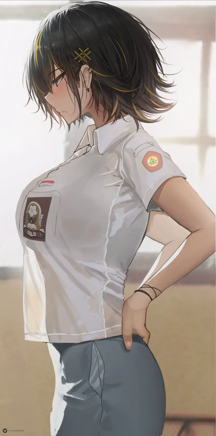 Image big_breasts,blush,breasts,female,black_hair,yellow_eyes,bra,two_tone_hair,side_view,sideboob,original,original_character,teenager,slim_waist,see-through,ear_piercing,shorts,oc,yellow_hair,see-through_clothing,hands_on_hips,workplace,febri_aryani_(vloodozer),indonesia,indonesian,indonesian_flag,indonesian_high_school_uniform,indonesian_school_uniform,vloodozer