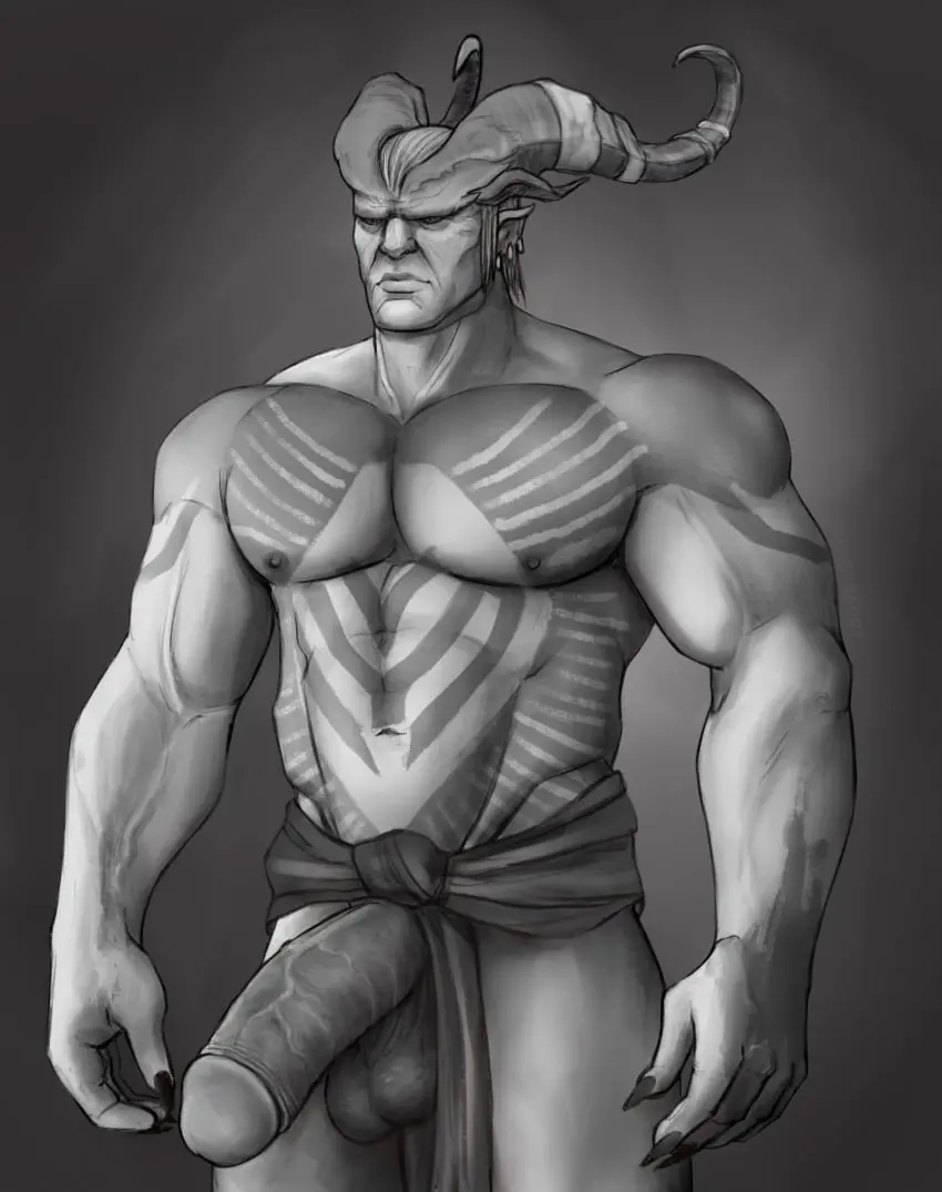 Image nipples,1boy,male,penis,2021,muscular,muscular_male,male_only,yaoi,balls,bara,male_nipples,monochrome,dragon_age,qunari,spacebaddy,arishok,dragon_age_2