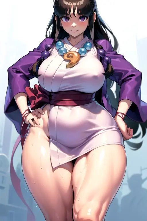 Image 1girls,blush,breasts,clothed,clothing,female,female_only,hair_ornament,human,human_only,light-skinned_female,light_skin,long_hair,looking_at_viewer,simple_background,smile,solo,standing,black_hair,thick_thighs,ai_generated,clothed_female,solo_female,legs,stable_diffusion,nai_diffusion,purple_eyes,necklace,japanese_clothing,2024,capcom,video_game_character,japanese_clothes,gyakuten_saiban,human_female,maya_fey