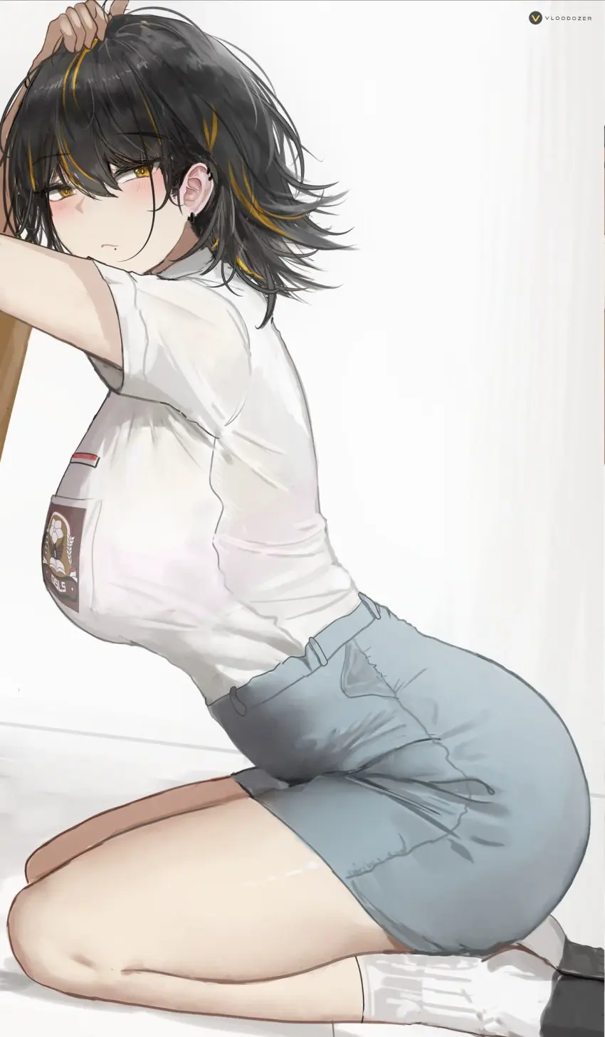 Image big_breasts,blush,breasts,female,looking_at_viewer,black_hair,short_hair,yellow_eyes,big_ass,big_butt,thick_thighs,two_tone_hair,wide_hips,embarrassed,bare_thighs,side_view,sideboob,original,original_character,slim,socks,bent_over,miniskirt,skirt,tight_clothing,ear_piercing,oc,leaning_forward,yellow_hair,embarrassed_female,tight_fit,bending_over,stretching,bare_legs,febri_aryani_(vloodozer),indonesia,indonesian,indonesian_flag,indonesian_high_school_uniform,indonesian_school_uniform,vloodozer