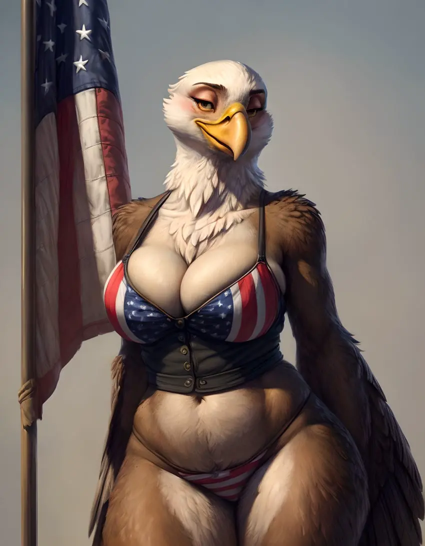 Image big_breasts,breasts,female,bikini,furry,big_ass,big_butt,thick_thighs,wide_hips,ai_generated,wings,anthro,thick_ass,avian,american_flag,bald_eagle