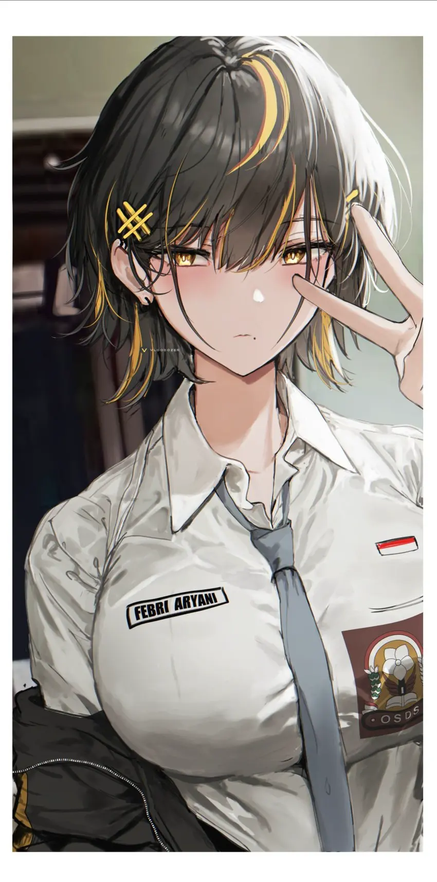 Image big_breasts,blush,breasts,female,looking_at_viewer,black_hair,short_hair,yellow_eyes,two_tone_hair,original,teenager,ear_piercing,yellow_hair,tie,open_jacket,v_sign,workplace,febri_aryani_(vloodozer),indonesia,indonesian,indonesian_flag,indonesian_high_school_uniform,indonesian_school_uniform,vloodozer
