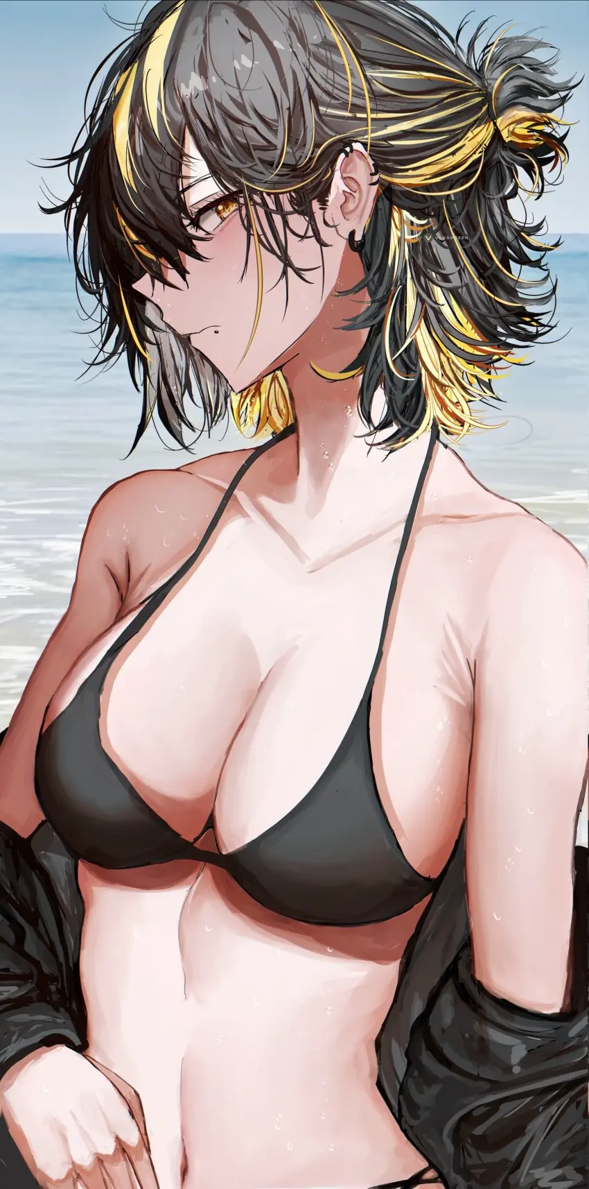 Image big_breasts,blush,breasts,female,looking_at_viewer,open_clothes,black_hair,short_hair,yellow_eyes,bikini,two_tone_hair,embarrassed,belly_button,side_view,tied_hair,original,original_character,teenager,slim_waist,ear_piercing,oc,yellow_hair,open_jacket,shirt_down,shirt_removed,embracing,side_eye,febri_aryani_(vloodozer),vloodozer