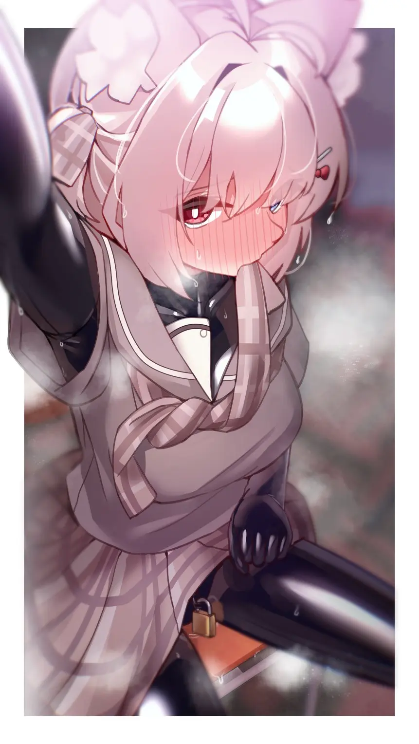 Image female,highres,looking_at_viewer,animal_ears,sweat,sitting,original,school_uniform,latex,revealing_clothes,holding,bodysuit,skin_tight,camera,latex_bodysuit,lock,bodysuit_under_clothes,holding_camera,latex_under_clothes,maguro27