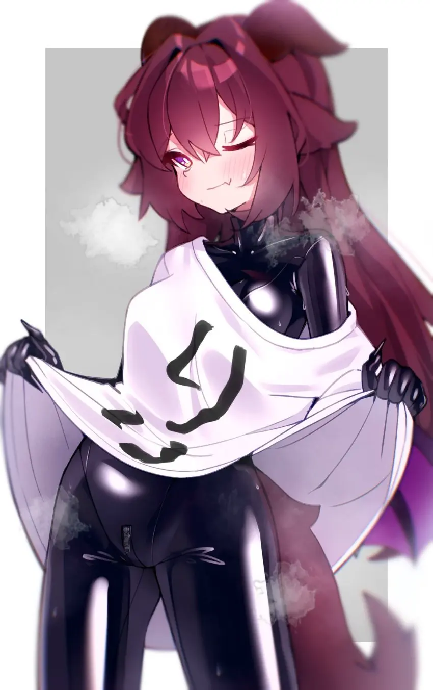 Image 1girls,female,highres,long_hair,looking_at_viewer,shirt,solo,animal_ears,cute_fang,red_hair,horns,one_eye_closed,original,purple_eyes,latex,bodysuit,commission,t-shirt,zipper,skin_tight,long_shirt,latex_bodysuit,jpg,latex_under_clothes,maguro27,crotch_zipper