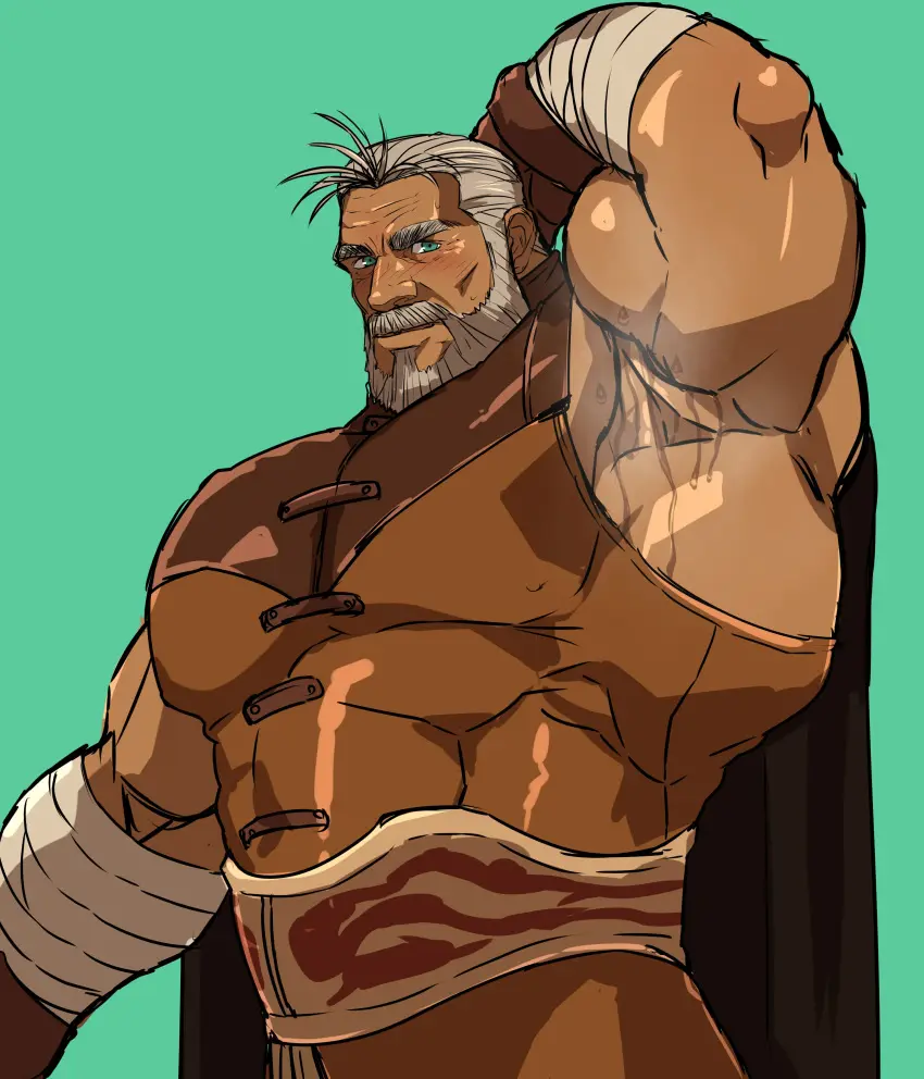 Image solo,male,sweat,muscular,male_only,yaoi,bara,final_fantasy,final_fantasy_vii,sweating,solo_male,beard,muscles,facial_hair,musk,hand_behind_head,armpit,hitenmaru,rashard_zangan