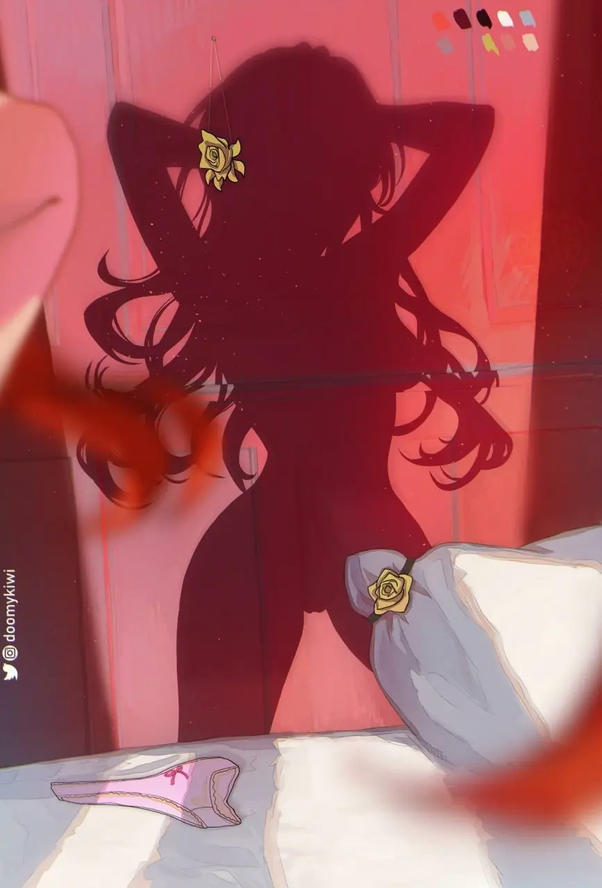 Image 1girls,female,long_hair,nude,panties,hands_behind_head,accessory,shadow,pink_hair,flower,pillow,honkai:_star_rail,himeko_(honkai:_star_rail),rose,crotch_cutout,doomykiwi,sillouette
