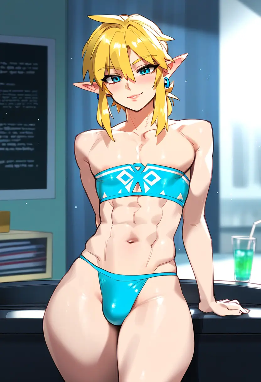 Image looking_at_viewer,solo,blue_eyes,male,underwear,earrings,ai_generated,femboy,light-skinned_male,blonde_hair,pointy_ears,elf_ears,the_legend_of_zelda,link,hylian,lustre