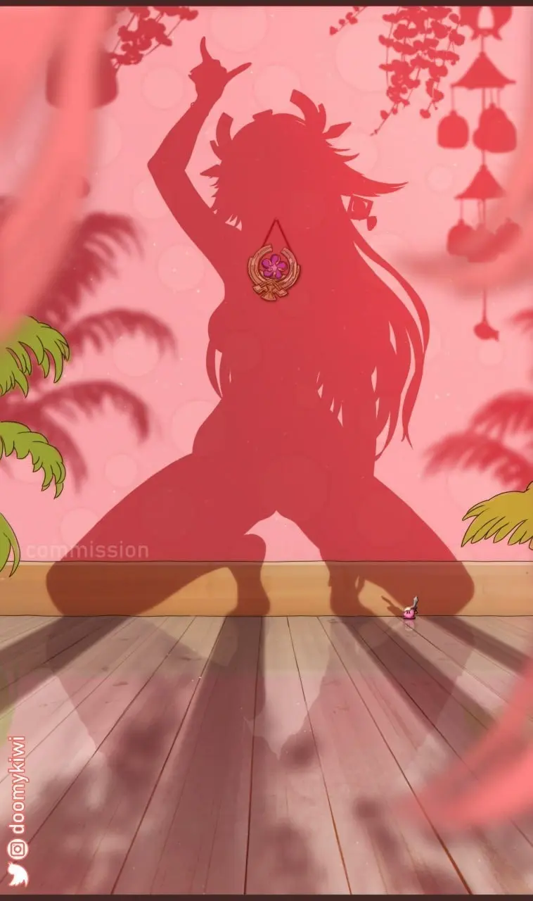 Image female,female_only,animal_ears,earrings,shadow,pink_hair,genshin_impact,yae_miko,squatting,fox_ears,kirby,doomykiwi,sillouette
