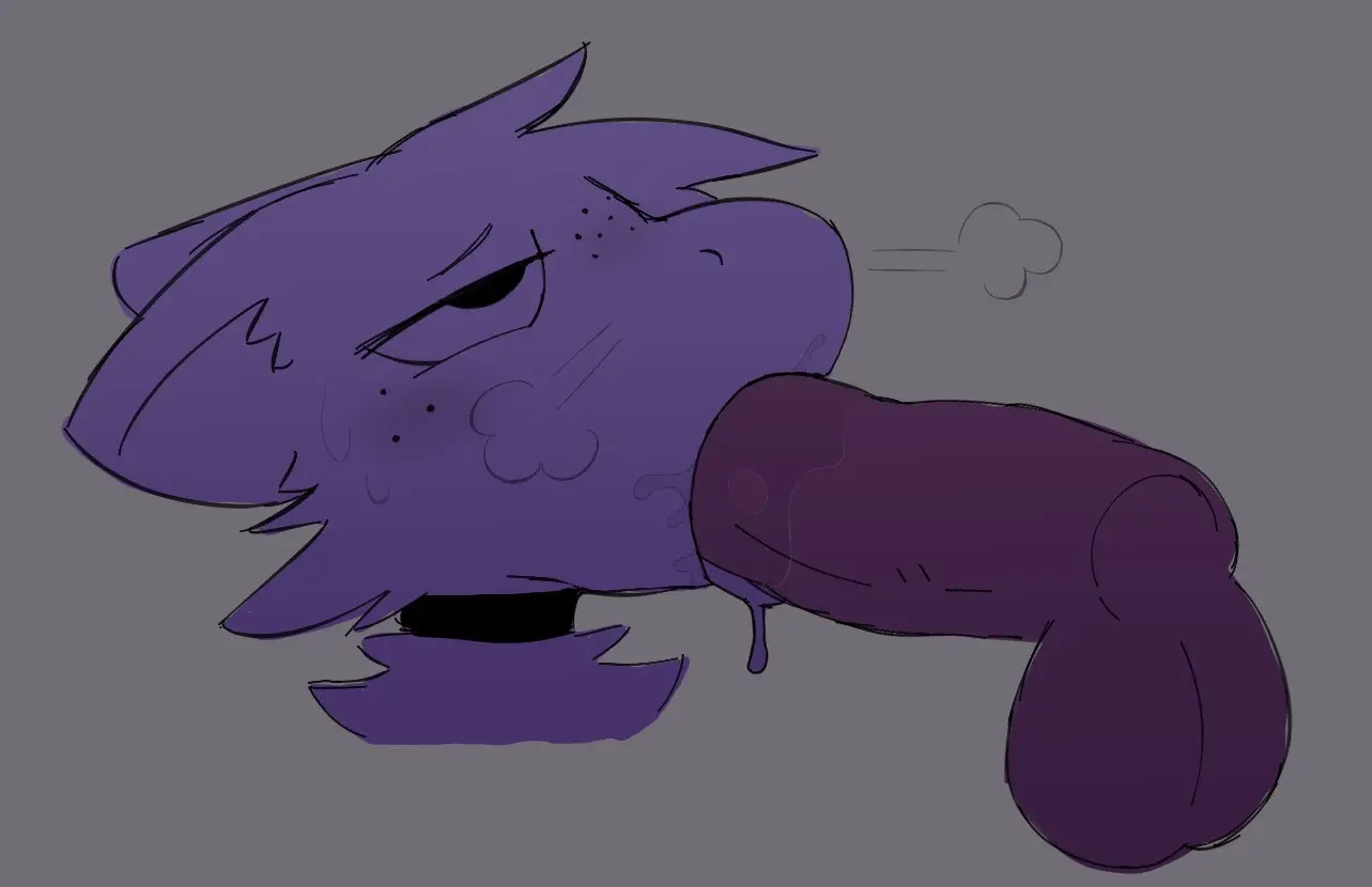 Image blush,simple_background,male,oral,penis,sweat,choker,sex,fellatio,freckles,jewelry,balls,purple_fur,necklace,looking_pleasured,saliva,ambiguous_gender,bodily_fluids,fur,genitals,purple_body,disembodied_penis,penile,saliva_on_tongue,monotone_background,saliva_on_penis,unknown_species,male/ambiguous,freckled_face,disembodied_head,sweaty_face,lem0nlav