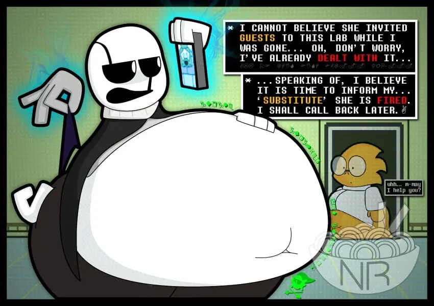Image female,big_ass,big_butt,humanoid,wide_hips,belly,big_belly,anthro,2d,big_thighs,reptile,lizard_humanoid,reptile_humanoid,undertale,undertale_(series),lizard_girl,vore,multi_arm,multi_limb,soft_vore,questionable,implied_digestion,digested,alphys,_nomminramen,gaster,undernom