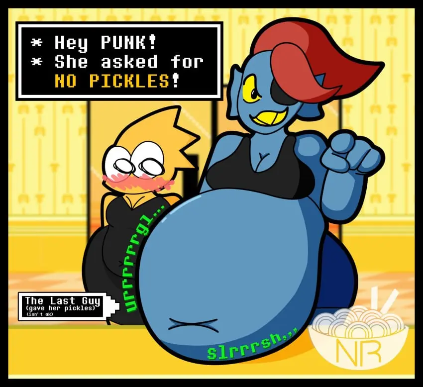 Image blush,female,humanoid,anthro,2d,reptile,lizard_humanoid,reptile_humanoid,undertale,undertale_(series),lizard_girl,questionable_consent,vore,eating,soft_vore,stuffing,undyne,questionable,implied_vore,alphys,_nomminramen,undernom,unwilling_vore