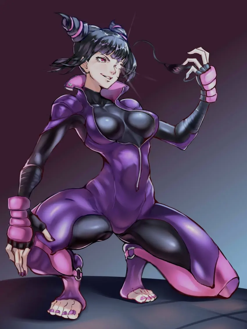Image 1girls,big_breasts,breasts,clothed,clothing,female,female_only,hi_res,large_breasts,light-skinned_female,light_skin,solo,black_hair,short_hair,female_focus,thick_thighs,feet,color,solo_female,tagme,purple_eyes,bodysuit,capcom,street_fighter,suit,juri_han,juaagacgy