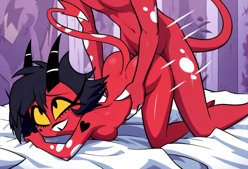 Image female,demon_tail,doggy_style,ai_generated,anal,demon,demon_boy,bed,demon_girl,demon_horns,red_skin,cheating,helluva_boss,cheating_wife,imp,blitzo_(helluva_boss),millie_(helluva_boss),2demons,majoradrianai,cheating_with_boss