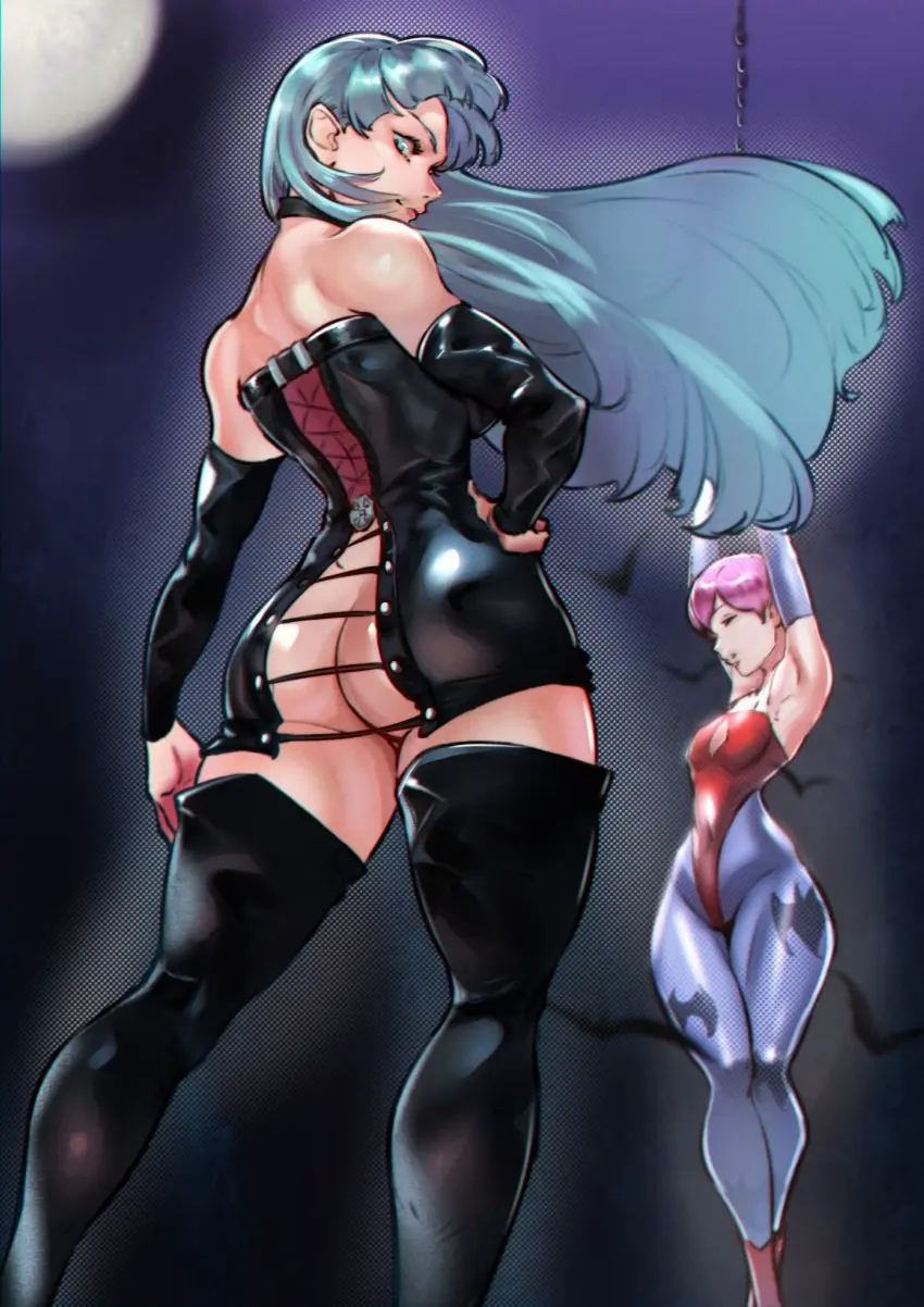 Image big_breasts,breasts,clothed,clothing,female,female_only,hi_res,large_breasts,light-skinned_female,light_skin,long_hair,looking_at_viewer,shiny_skin,standing,2girls,blue_eyes,multiple_girls,short_hair,thighhighs,choker,ass,big_ass,big_butt,female_focus,looking_back,small_breasts,thick_thighs,arms_above_head,bare_shoulders,color,pink_hair,thick,thick_ass,petite,curvy,curvy_female,curvy_figure,closed_eyes,back,purple_hair,hand_on_hip,green_hair,moon,night,restrained,hourglass_figure,slim_waist,no_panties,tight_clothing,sisters,black_choker,alternate_costume,ass_focus,thin_waist,captured,curvaceous,submissive_female,bondage,back_view,leotard,siblings,dominant_female,femsub,exposed_ass,boots,femdom,chains,pantyhose,chained,darkstalkers,morrigan_aensland,succubus,questionable_consent,chained_up,leather,thigh_boots,prisoner,bat_print,lilith_aensland,victory_pose,juaagacgy,kyuuakaku