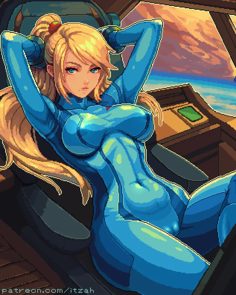 Image breasts,female,female_only,solo,blue_eyes,blonde_hair,nintendo,cameltoe,skindentation,tight_clothing,skimpy_clothes,nipples_visible_through_clothing,fully_clothed,pixel_art,metroid,samus_aran,skin_tight,navel_visible_through_clothes,zero_suit,zero_suit_samus,itzah