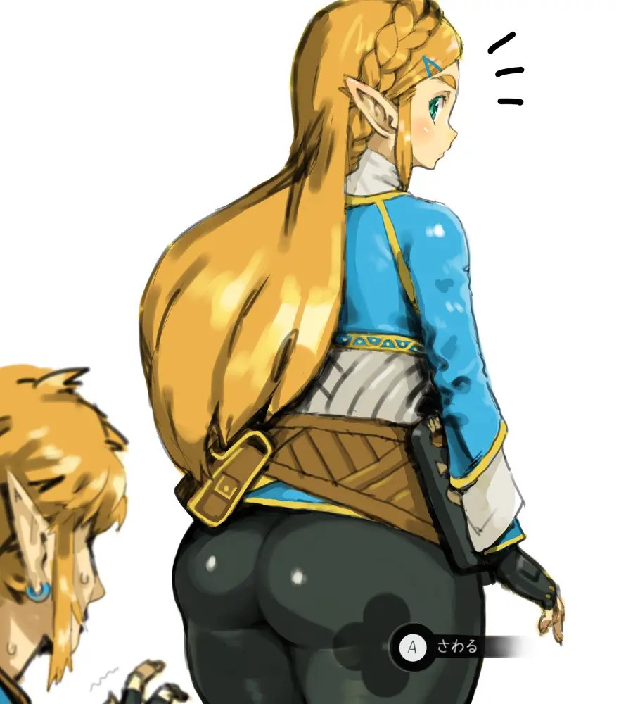 Image 1girls,clothed,clothing,female,highres,long_hair,pants,shirt,simple_background,standing,very_long_hair,white_background,1boy,black_gloves,gloves,male,sweat,ass,big_ass,female_focus,looking_back,wide_hips,text,blonde_hair,green_eyes,tied_hair,pointy_ears,unseen_male_face,nintendo,braid,tight_clothing,looking_at_another,translated,fingerless_gloves,japanese_text,long_ears,breath_of_the_wild,princess_zelda,the_legend_of_zelda,zelda_(breath_of_the_wild),link,link_(breath_of_the_wild),gameplay_mechanics,blue_shirt,2020,bag,hylian,tight_pants,french_braid,petitdry,sheikah_slate