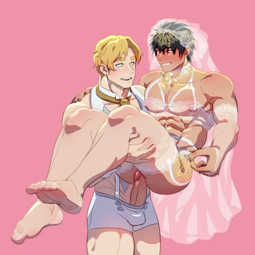 Image highres,nipples,standing,black_hair,male,penis,underwear,thick_thighs,thighs,uncensored,erection,muscular,muscular_male,feet,2boys,yaoi,lingerie,blonde_hair,couple,gay,bara,multiple_boys,thick_eyebrows,male_focus,imminent_penetration,abs,imminent_anal,carrying,pectorals,facial_hair,large_pectorals,boxers,pink_background,stubble,penis_out,veil,bridal_veil,bride,male_underwear,bridal_lingerie,sideburns_stubble,husband_and_husband,ao_isami,lewis_smith,yuuki_bakuhatsu_bang_bravern,sunsetcolorscat,princess_carry