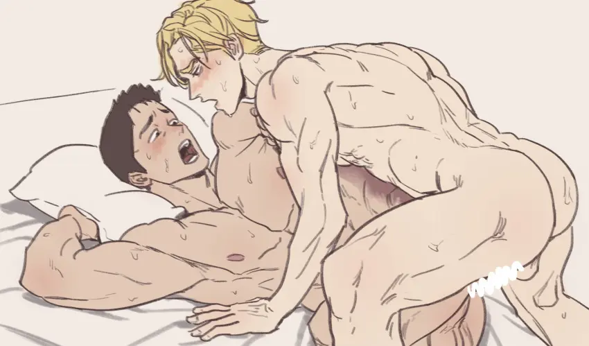 Image blush,highres,nipples,black_hair,male,nude,sweat,ass,sex,interracial,muscular,muscular_male,2boys,anal,yaoi,blonde_hair,completely_nude,couple,torogao,censored,on_bed,bara,multiple_boys,furrowed_brow,thick_eyebrows,male_focus,pectorals,facial_hair,large_pectorals,stubble,very_sweaty,sideburns_stubble,ao_isami,lewis_smith,yuuki_bakuhatsu_bang_bravern,scribble_censor,shredded_muscles,yamyam9006