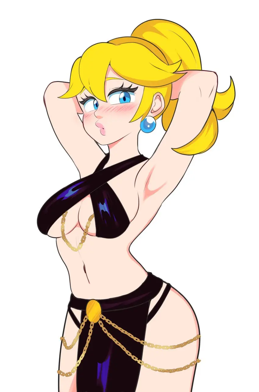 Image 1girls,big_breasts,breasts,female,female_only,large_breasts,looking_at_viewer,solo,blue_eyes,navel,thighs,ponytail,armpits,arms_behind_head,blonde_hair,legs,busty,pose,posing,mario_(series),nintendo,revealing_clothes,princess_peach,fully_clothed,belly_dancer,puckered_lips,sensual,yomorio_lingerie,sexy_armpits,bbycheese