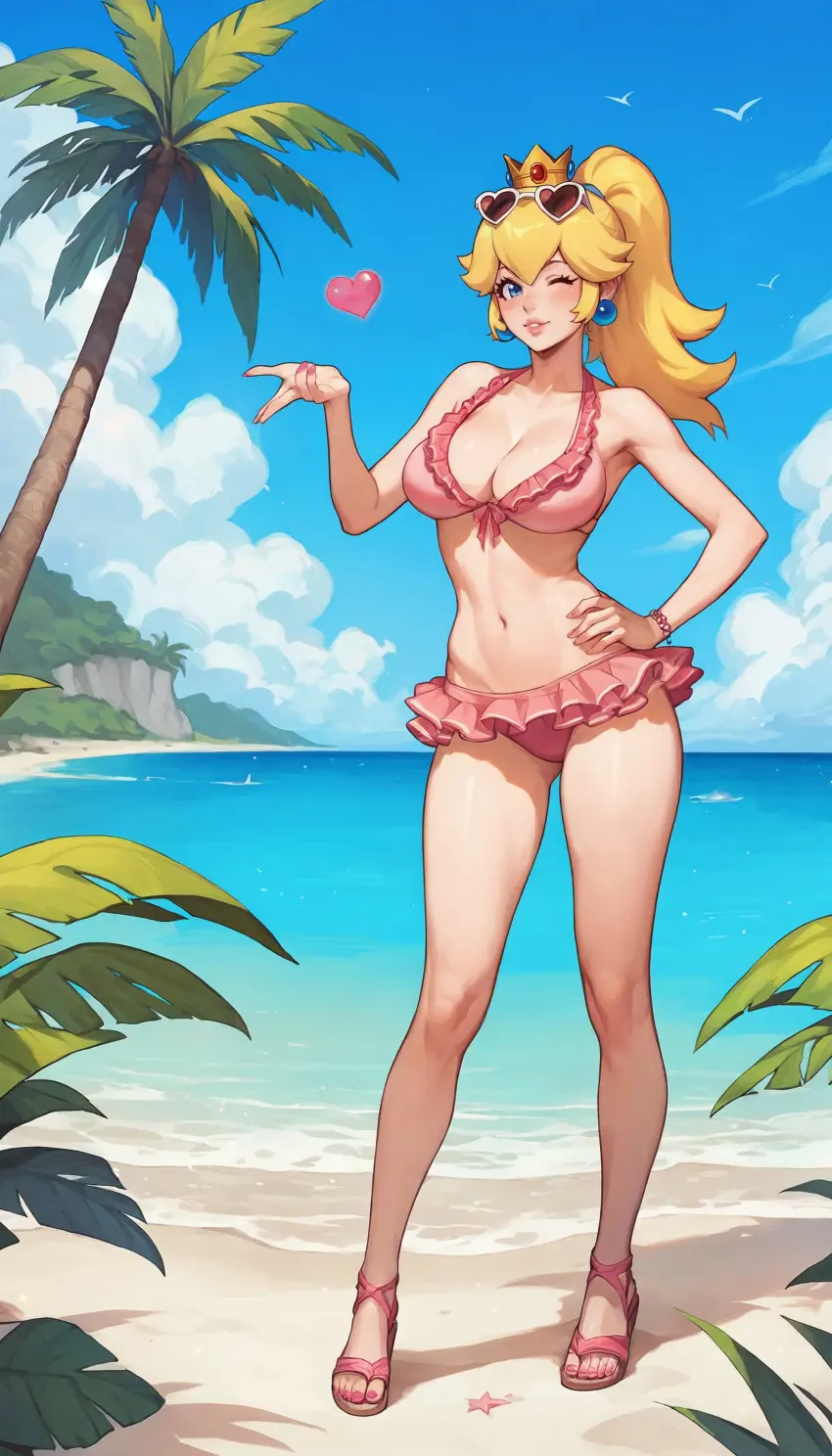 Image breasts,female,female_only,solo,ai_generated,stable_diffusion,swimsuit,nai_diffusion,mario_(series),nintendo,open_toe_shoes,princess_peach,toenail_polish,feminine,pink_swimsuit,pink_nail_polish